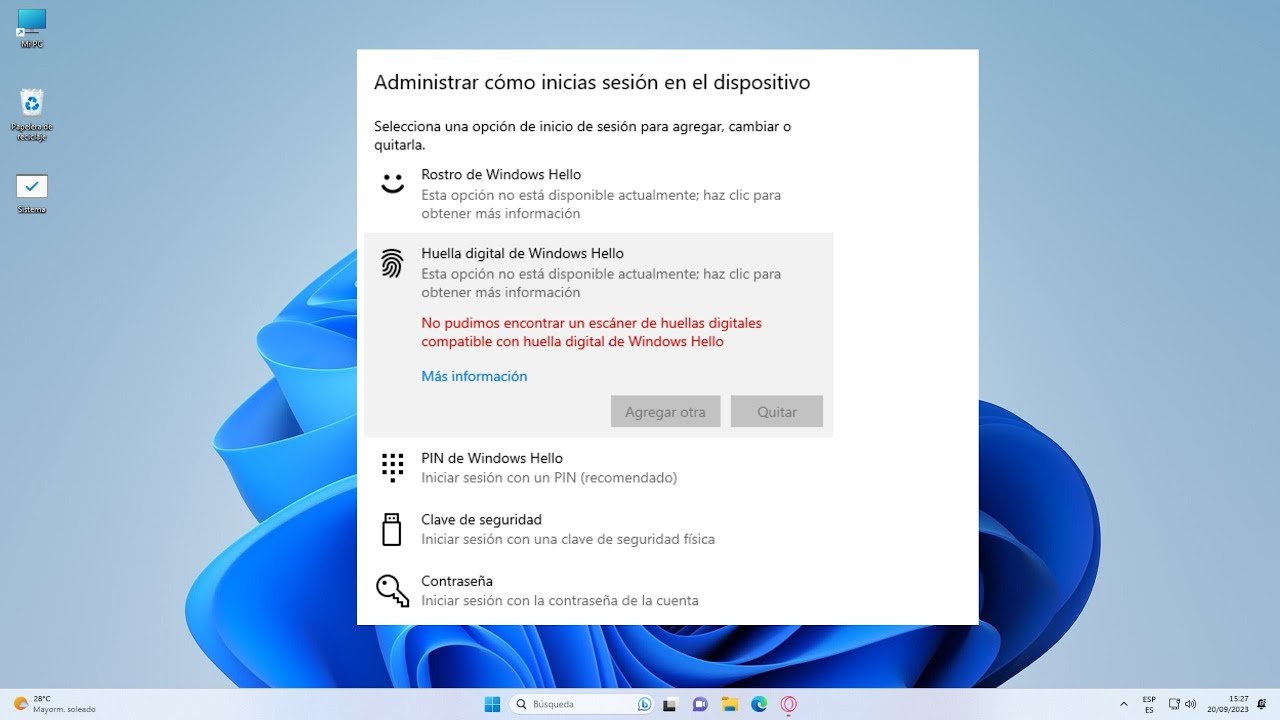 Huella digital de Windows Hello: esta opci&oacute;n no est&aacute; disponible actualmente