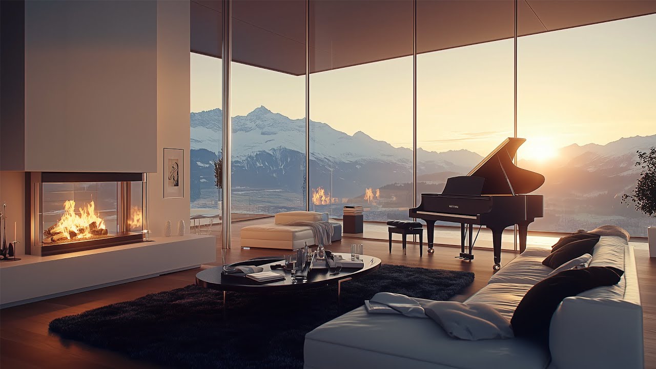 Relaxing Jazz Music From A Penthouse In Switzerland🎷Snowfall Winter Ambience & Crackling Fireplace
