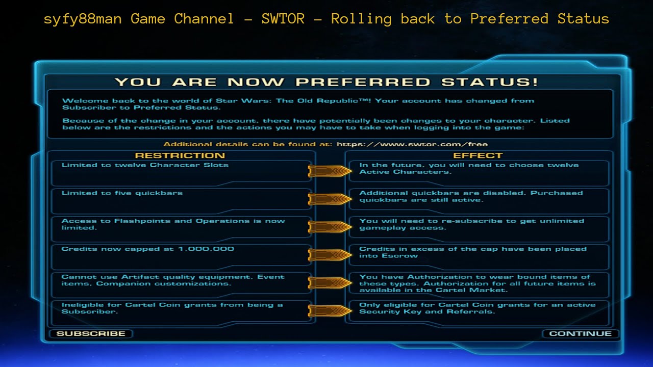 syfy88man Game Channel - SWTOR - Rolling back to Preferred Status