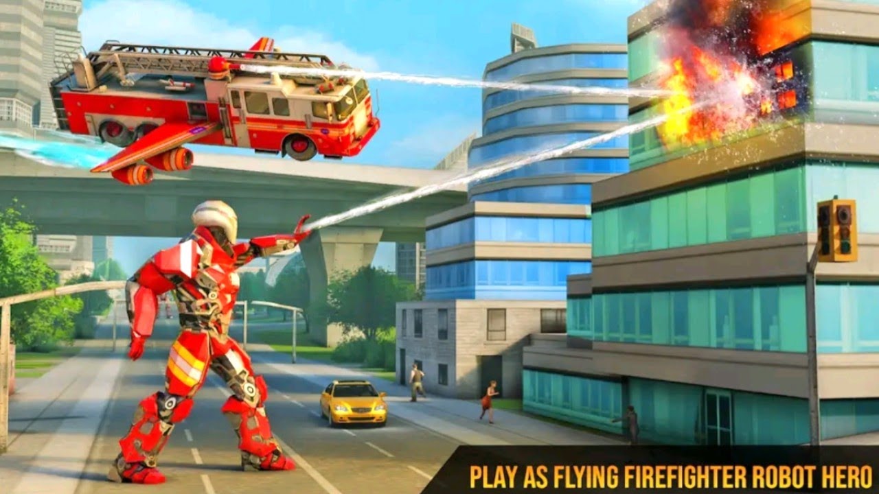 Flying firefighter transform robot turns fire men - flying fire truck robot | games lifter