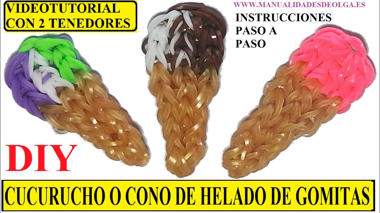 COMO HACER UN CUCURUCHO O CONO DE HELADO DE GOMITAS (LIGAS) CHARMS CON DOS TENEDORES. VIDEOTUTORIAL