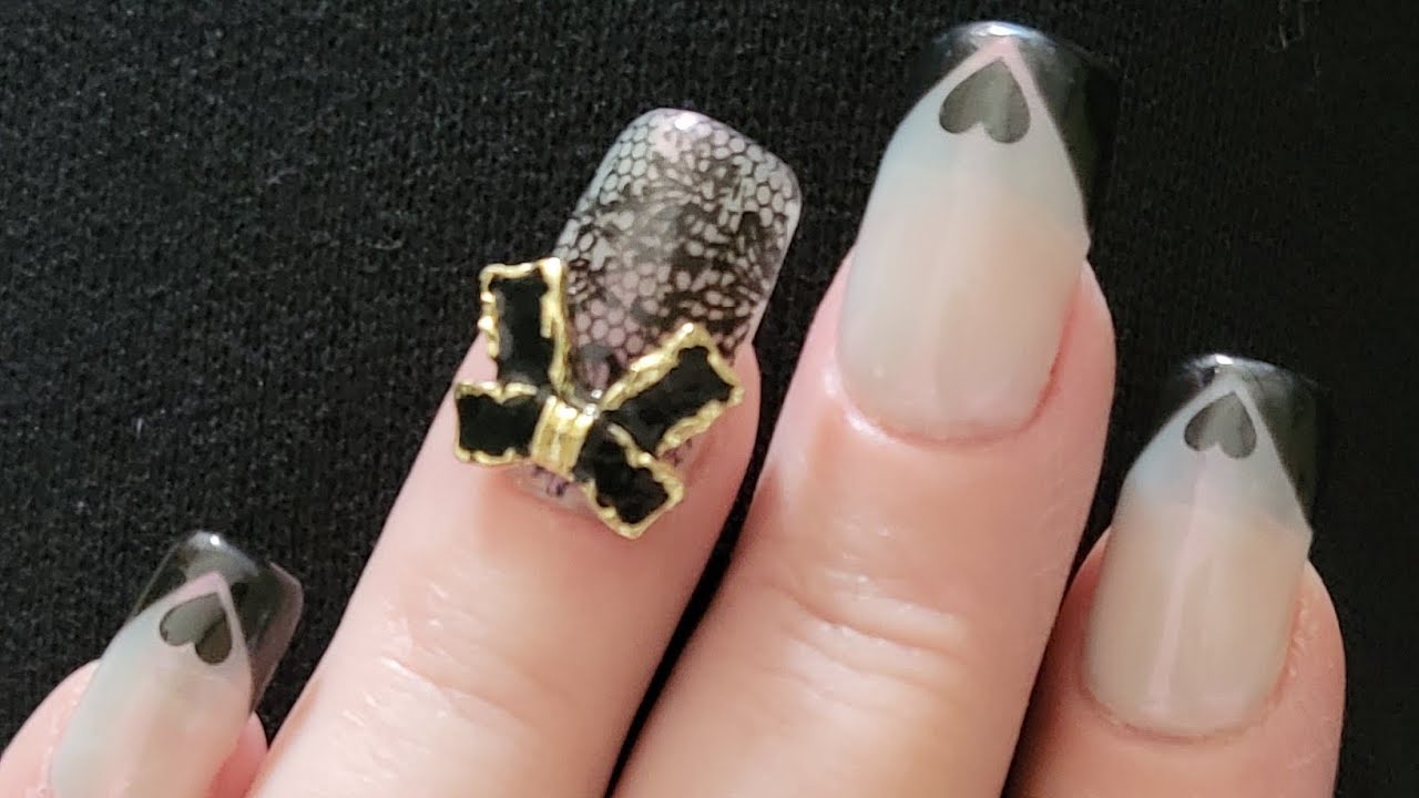 Black French Heart Tip Valentines Nails 