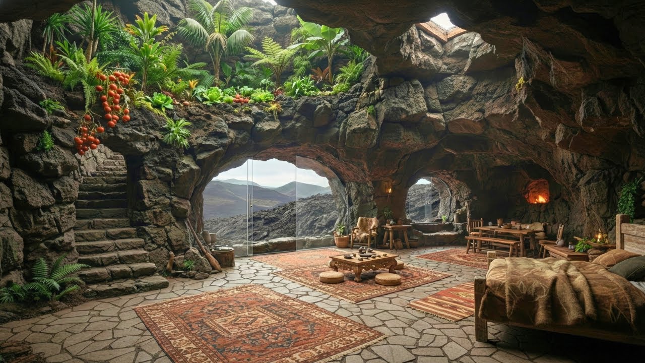 Alone, This Man Built a Cozy Shelter Inside a Dormant Volcano with a Suspended Garden (ASMR)