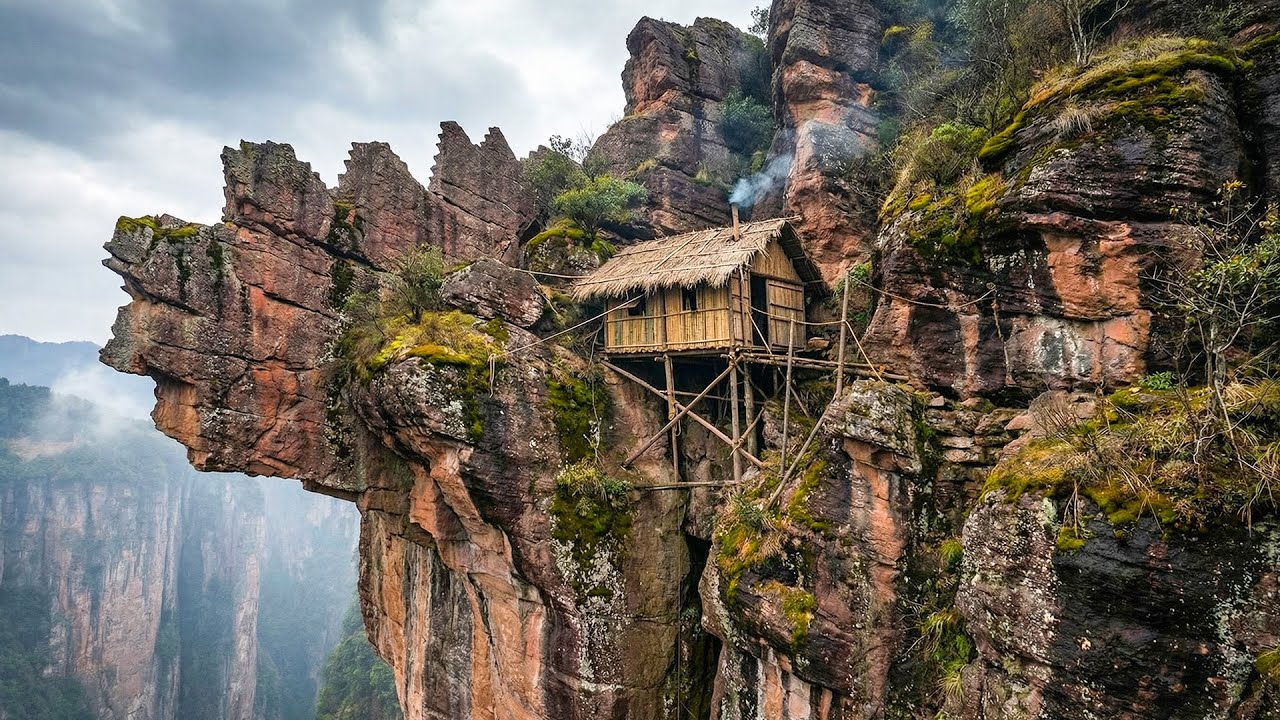 100-Day Solo Survival Challenge: Building a Shelter on a Lonely Cliff with Primitive Tools