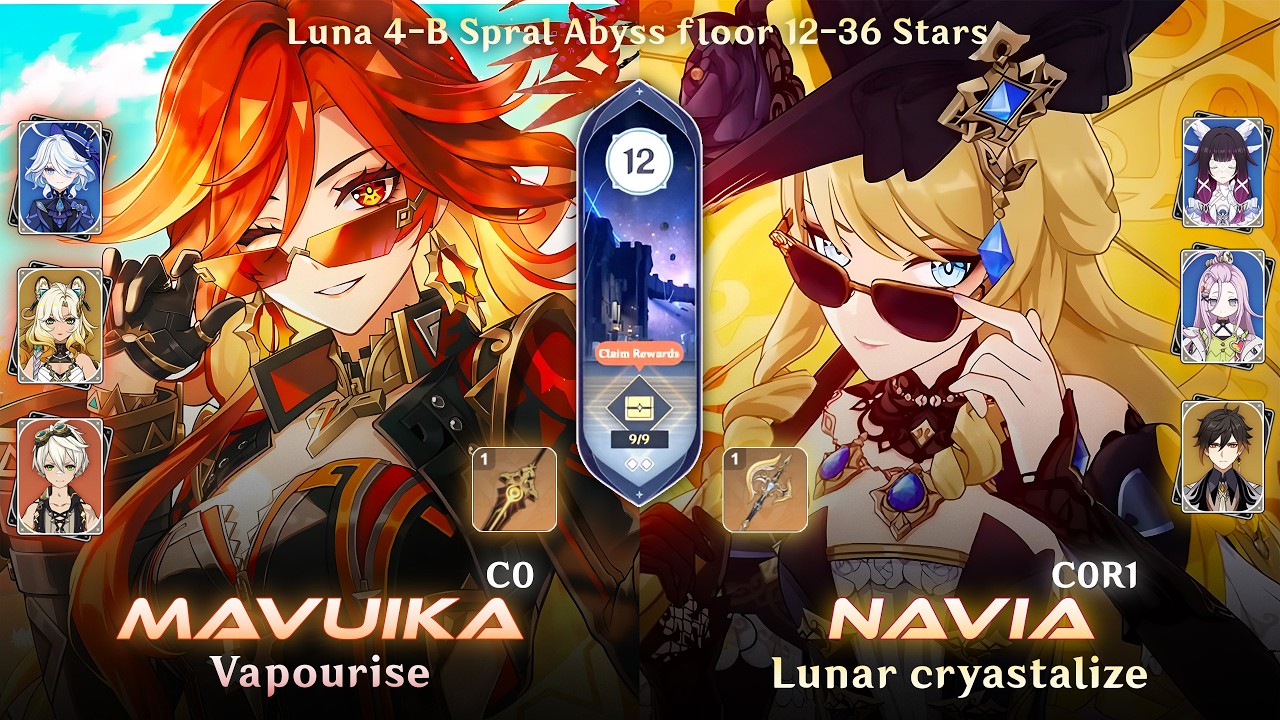 C0 Mavuika vap & C0R1 Navia Luna Crystalize | New 6.3 B Spiral Abyss - Floor 12 - 9 stars