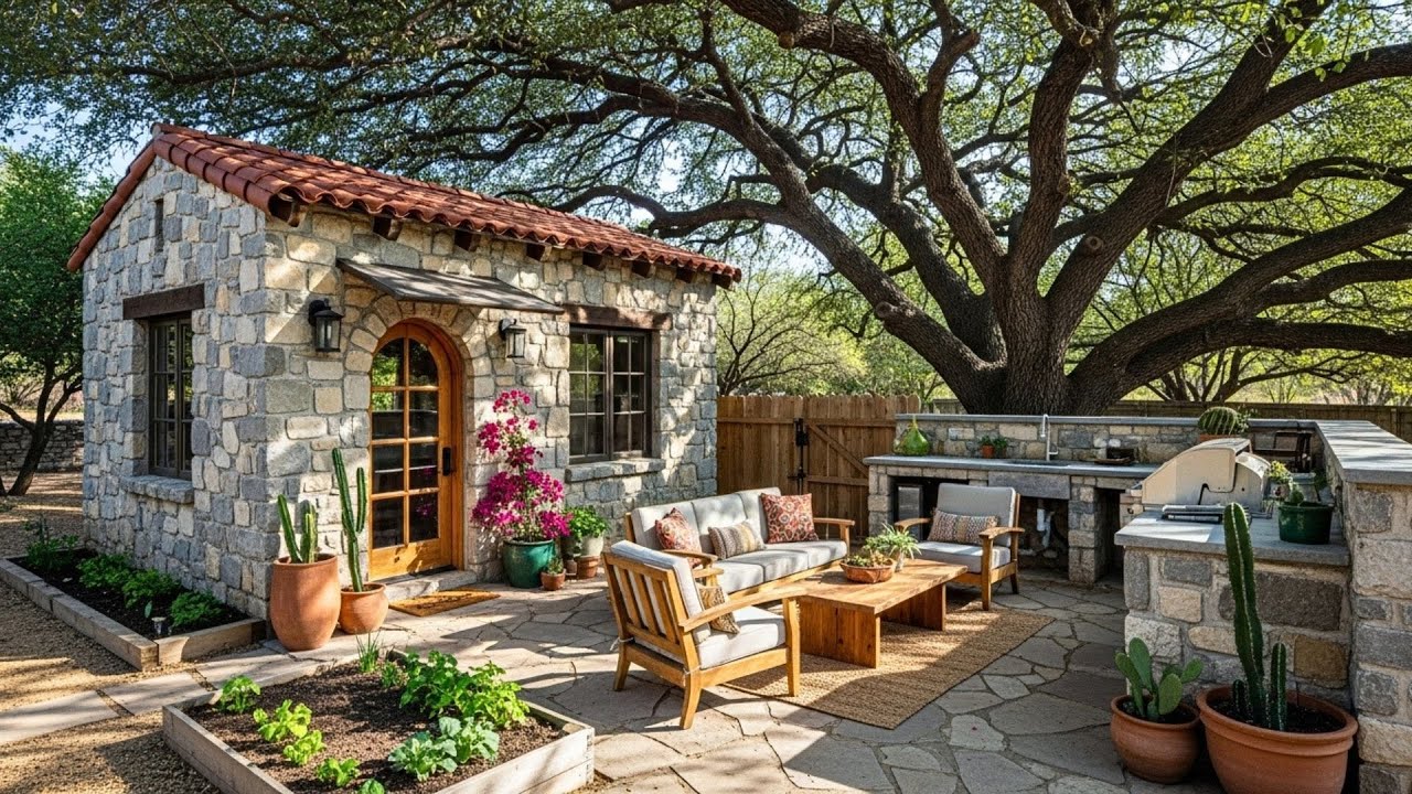Beautiful Hacienda Style Tiny Stone Home With Cozy Patio And Outdoor Cooking Space