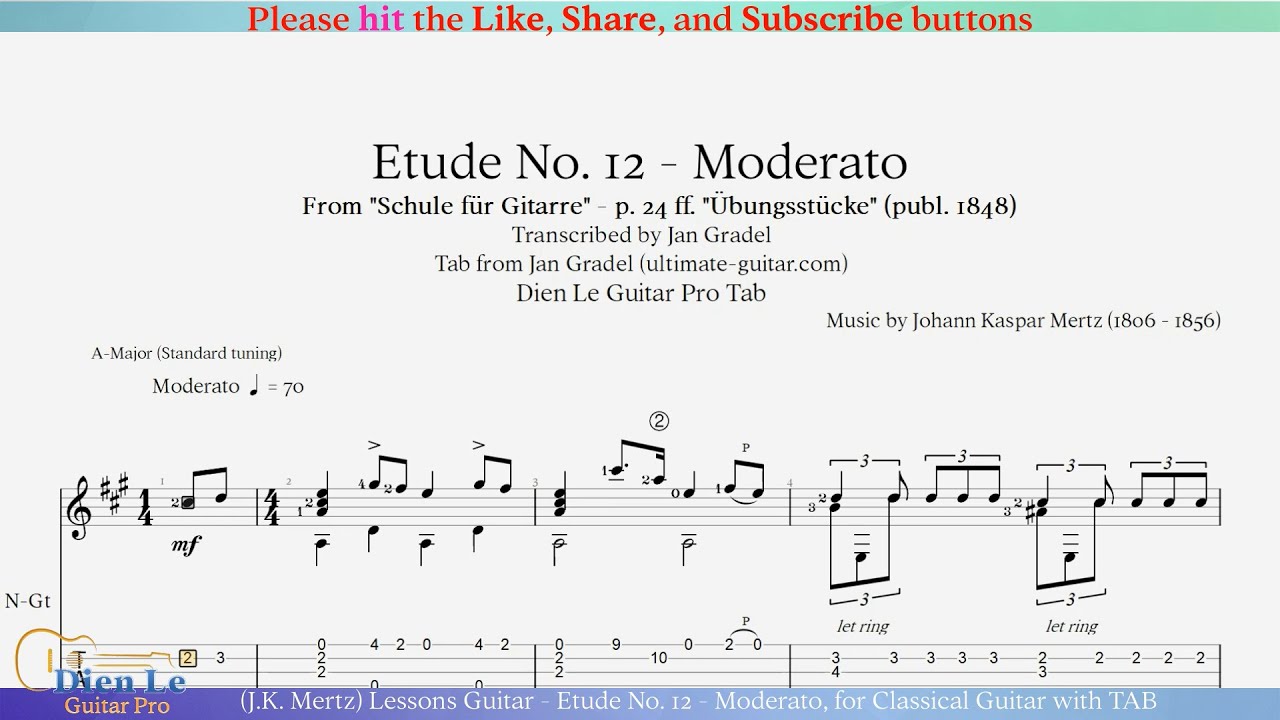 (J.K. Mertz) Lessons Guitar - Etude No. 12 - Moderato, for Classical Guitar with TAB