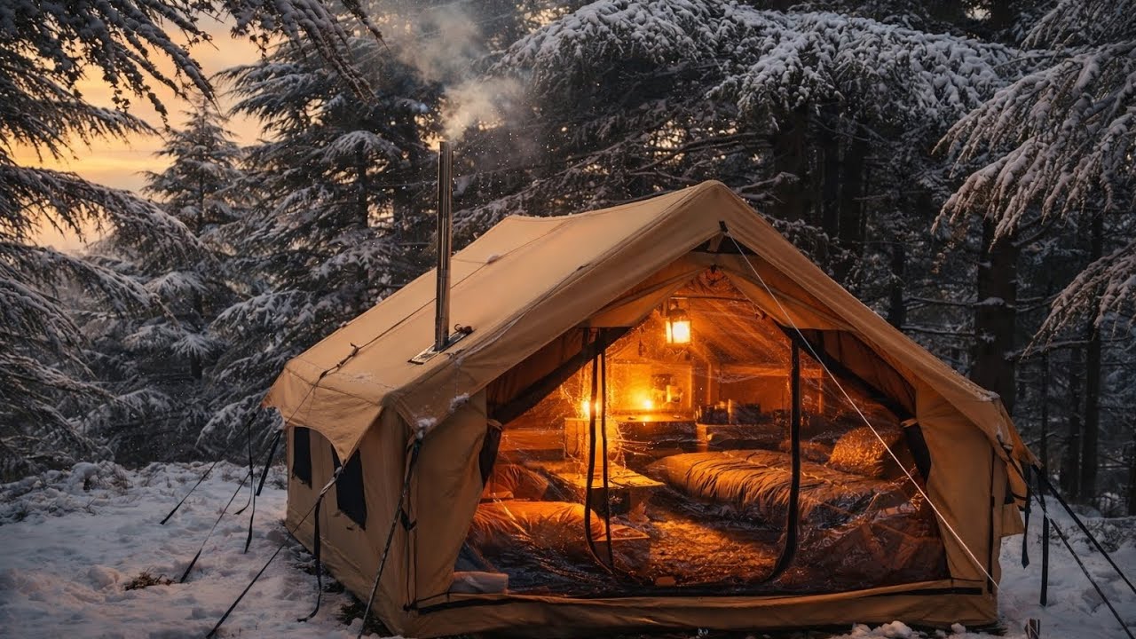 Winter Hot Tent Camping in a Massive Inflatable Tent