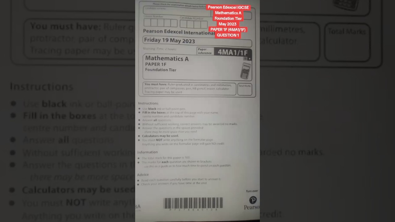 Pearson Edexcel IGCSE Mathematics A Foundation Tier May 2023 PAPER 1F (4MA1/1F) QUESTION 1