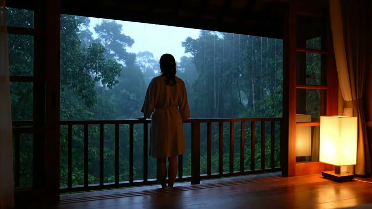 Tropical Jungle Balcony Rain 🌿 Woman at Balcony — Night Relax Sleep 10 Hours