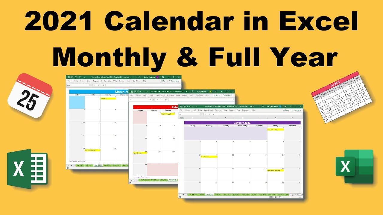 2021 Excel Calendar Spreadsheet | Monthly Calendar | Year at a Glance | Printable Calendar | Yearly