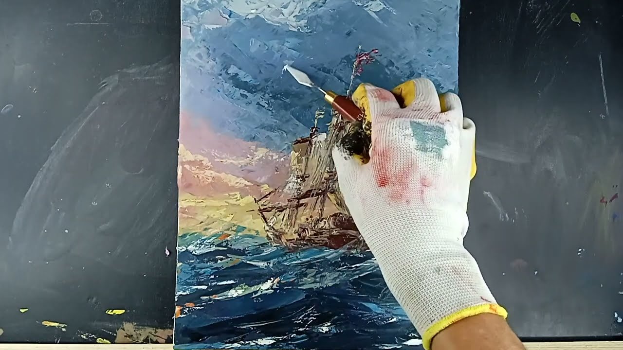 Old sailboat in the storm/palette knife painting/acrylic painting for beginners