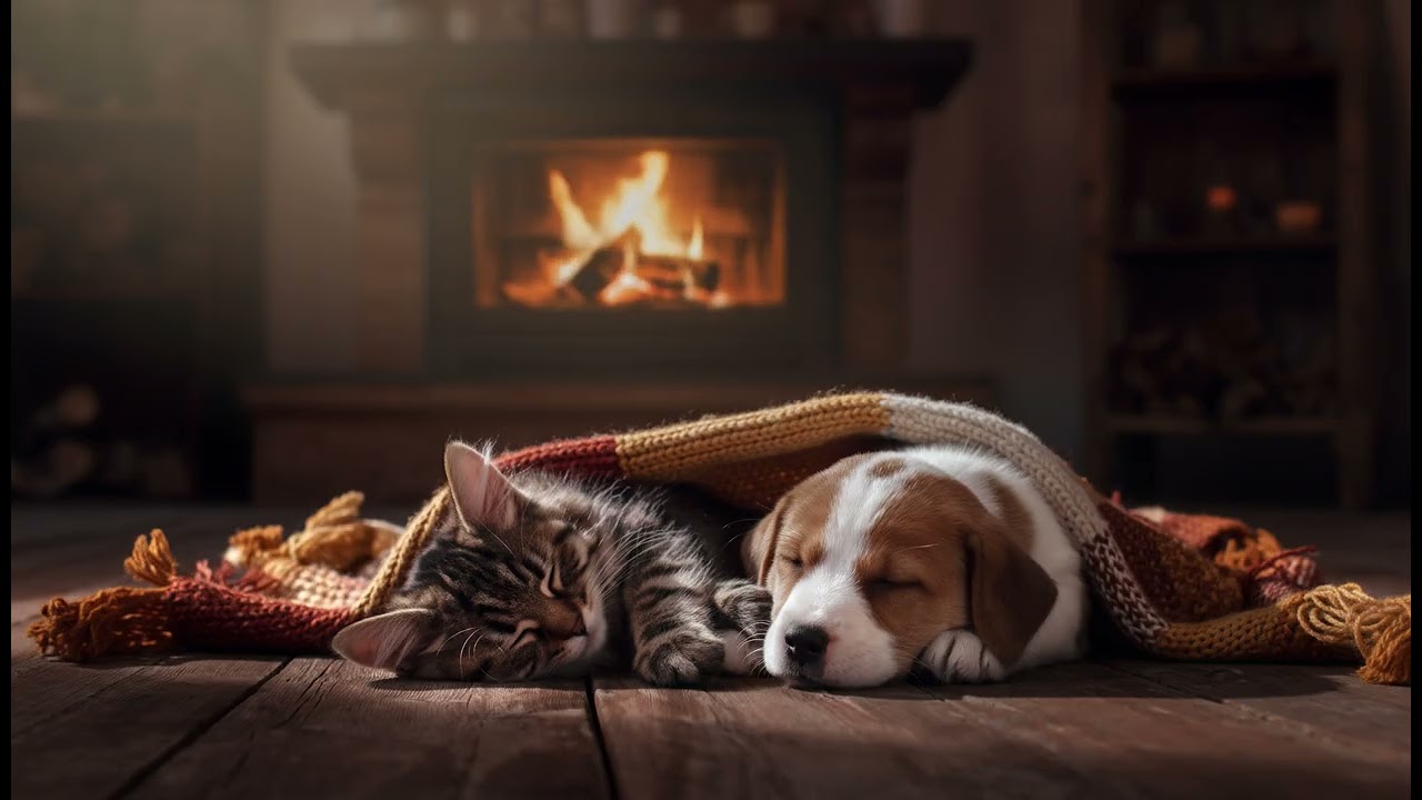 Stress relief video. A puppy and a kitten snuggle together under a blanket by the fire.