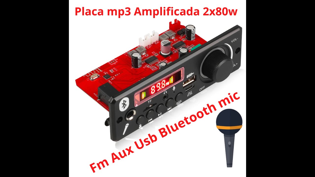 Placa Mp3 Amplificada 2x80w Fm Aux Usb Bluetooth Mic Karaokê