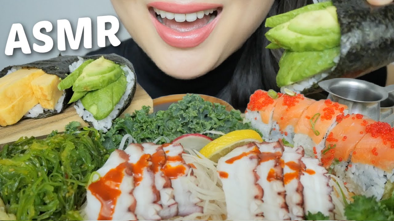 ASMR Sushi *Spicy Tako Sashimi, Pinky Roll with Avocado and Tamago Cone NO TALKING Eating Sounds