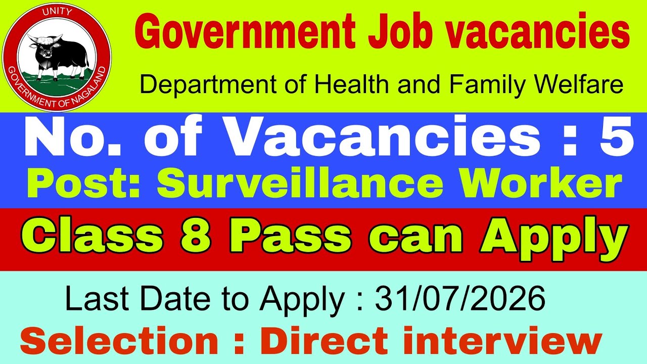 Government Job  for Class 8 pass under Department of Helath and Family welfare. 22 July 2026
