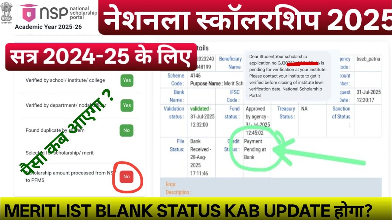 Nsp scholarship payment tracking  | Nsp scholarship merits list blank status update  2024-25 