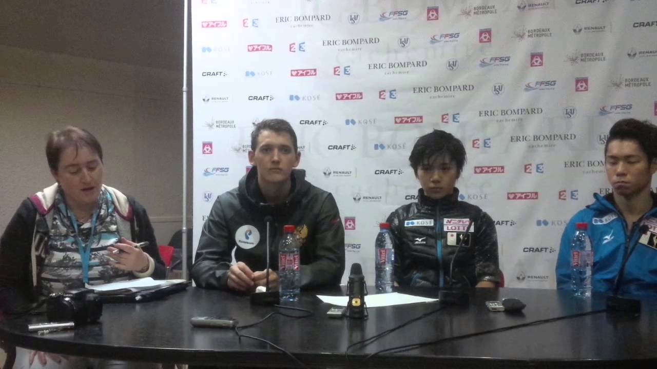 Mens SP Press Conference at Trophee Eric Bompard 2015 - Shoma Uno, Maxim Kovtun, Daisuke Murakami