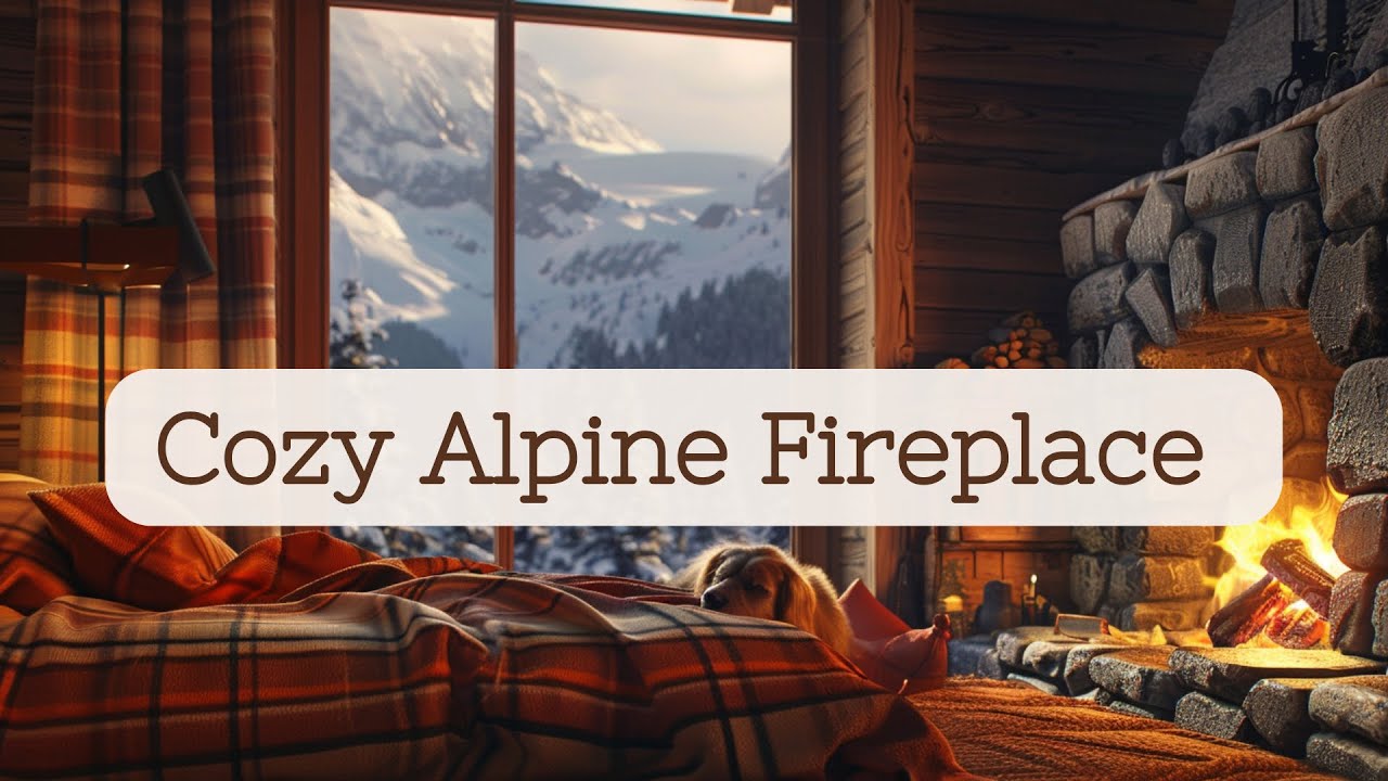  Cozy Alpine Fireplace with Sleeping Dog & Soft Piano | 2 Hours Winter Ambience & Relaxation