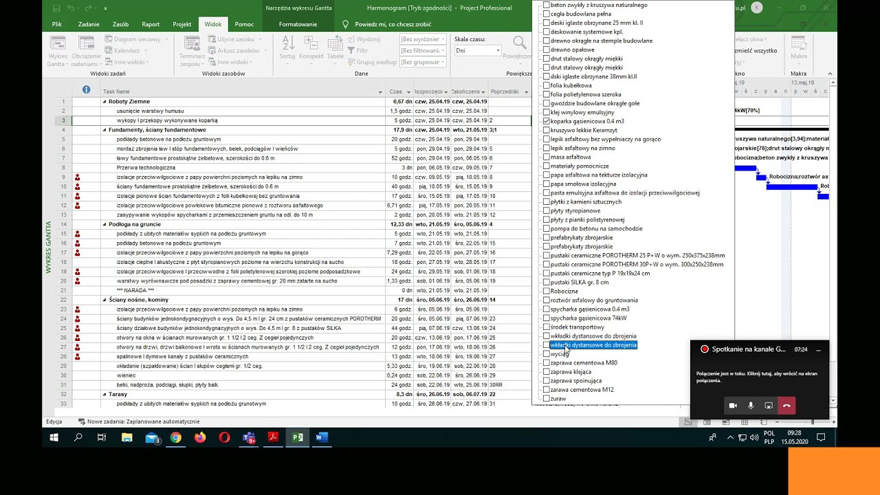 Tutorial MS Project 2. Materiały i sprzęt