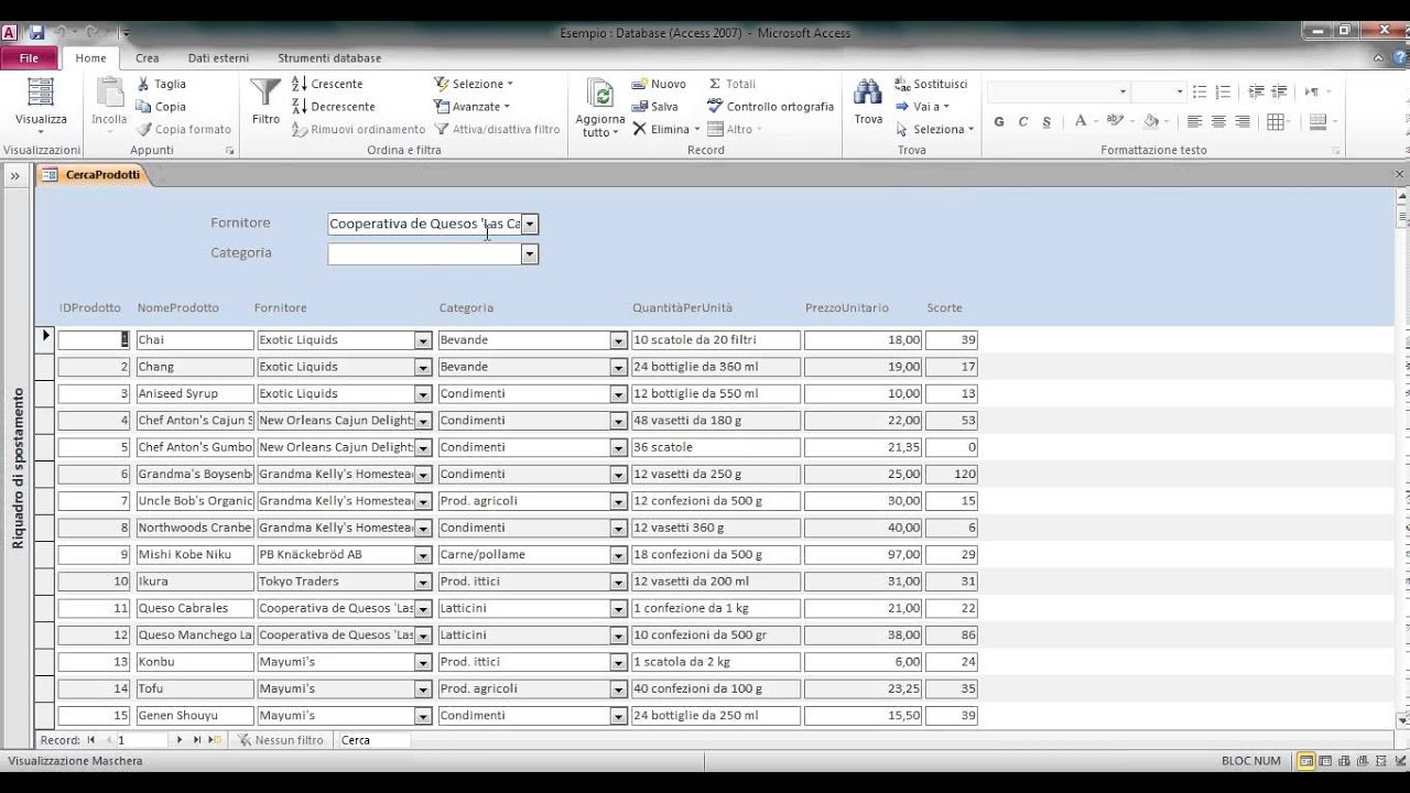 Come trovare i prodotti scegliendo fornitore e categoria con casella combinata in Microsoft Access