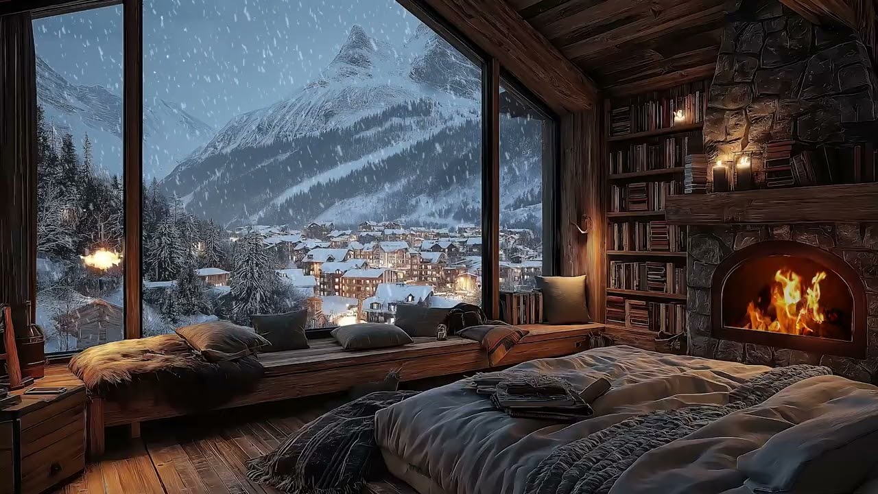 Peaceful Snowy Cabin with Fireplace Crackling and Wind Whispers for Calm Focus and Rest