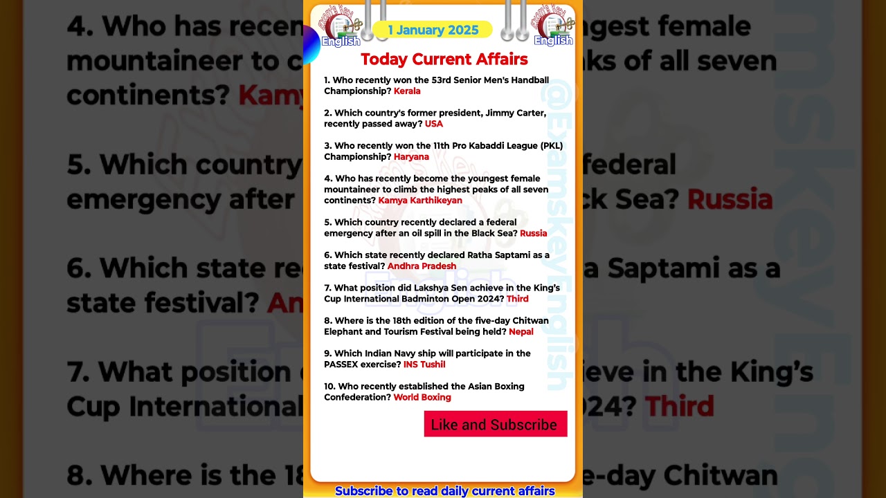 1 January  Current Affairs 2025 |Today current affairs #ssccgl  #currentaffairs #gk  #sscchsl #upsc