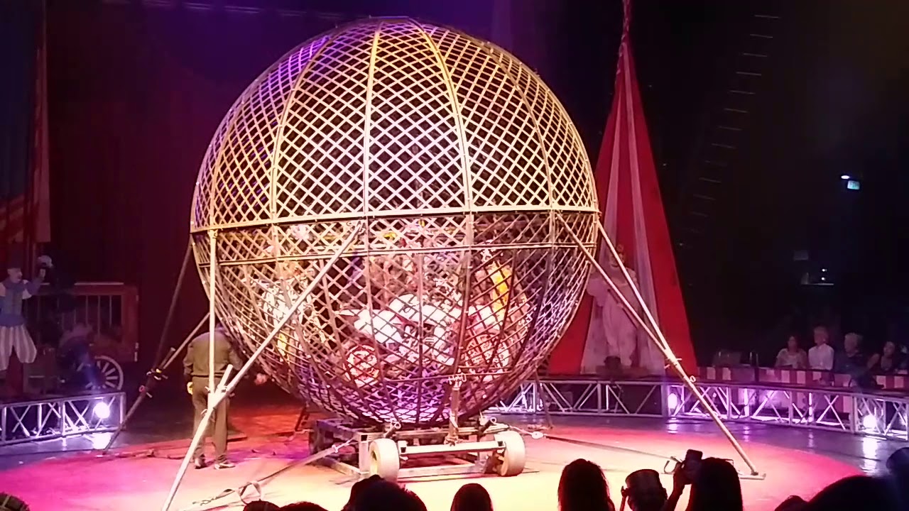 Four Motorcycles in Circus Ball Cage