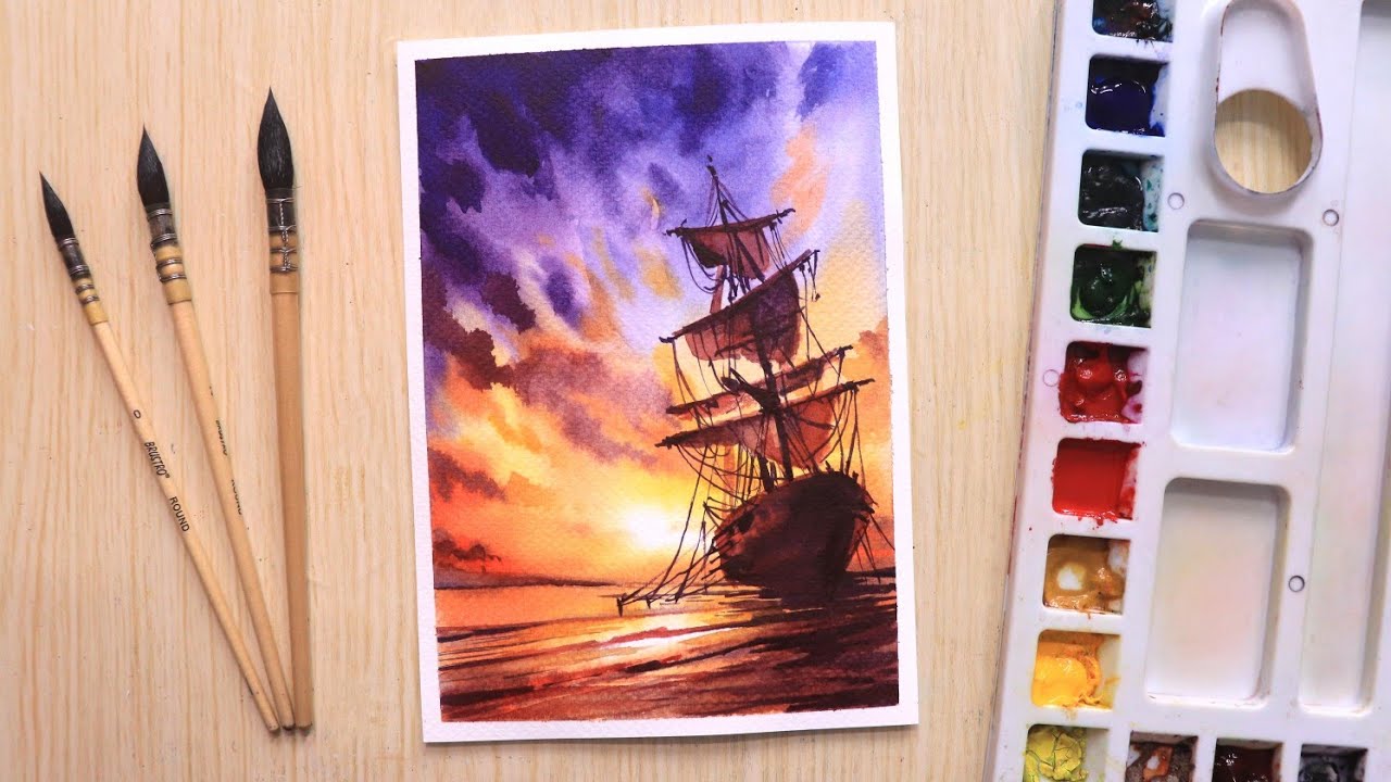 Watercolor painting of beautiful sunset and ship step by step