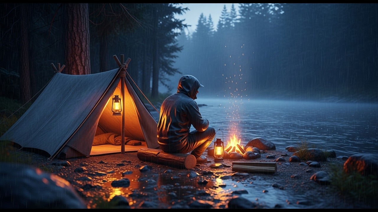 Nightfall by a Rainy Forest River — 24 Hours Survive in Lake Forest | Build a Cozy Tent 🌧️🔥
