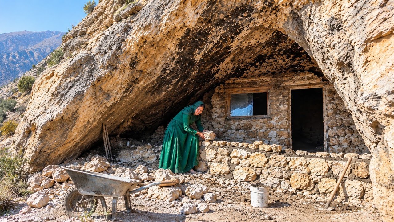 A Homeless Mother Rebuilds the Stone Walls of Her Cave All Alone.🪨🏔️