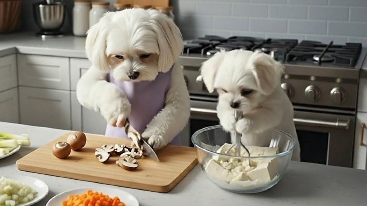Mom Dog Teaches Baby Puppy How to Cook🧑‍🍳🍳