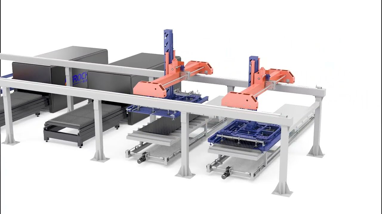 Twin tower, four row automated metal plate storage side discharge silo and double beam robotic arm