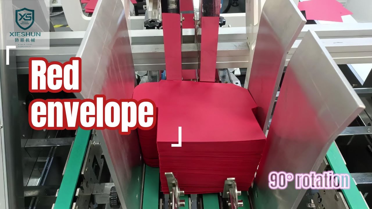 Red envelope with 90&deg; rotation  in XS 800 folder gluer machine #foldinggluing