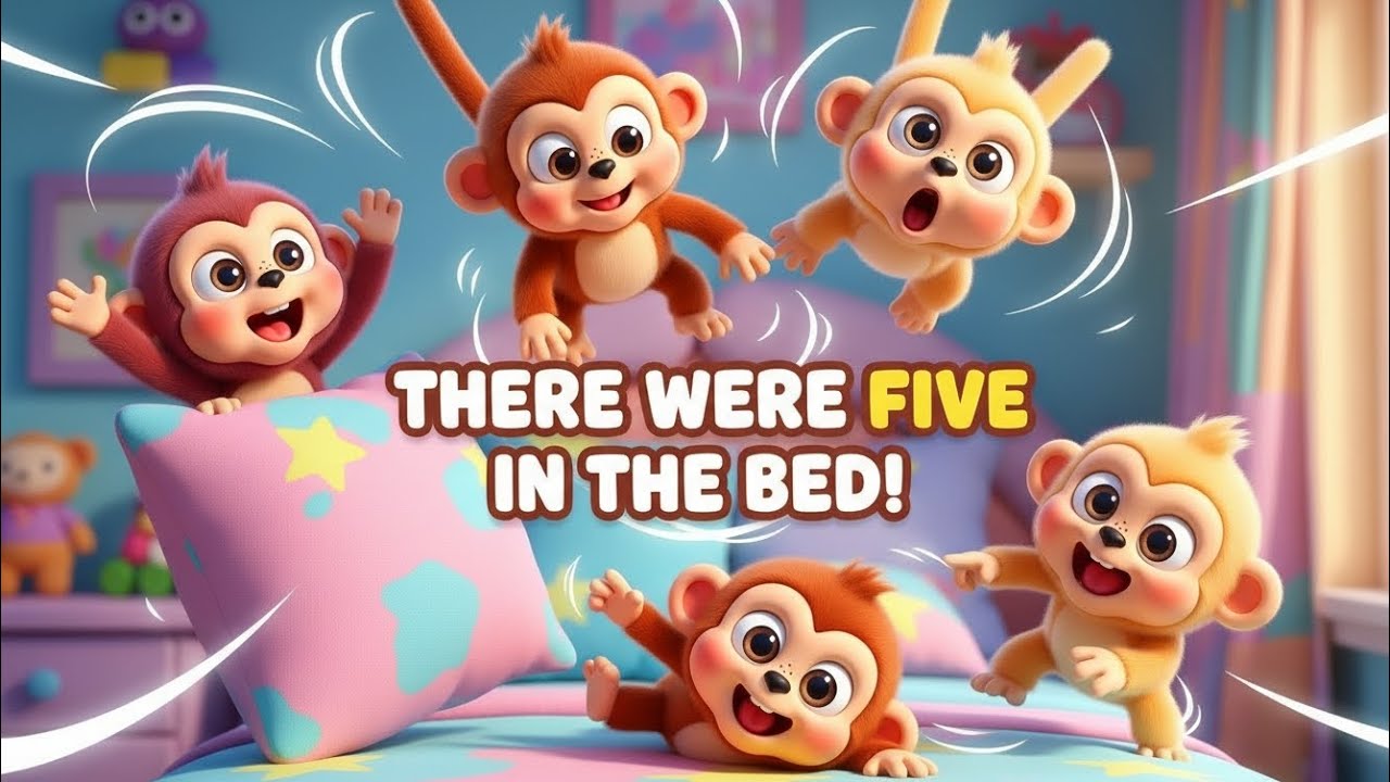 There Were Five in the Bed 🛏️ Roll Over Monkey Song | Kids Nursery Rhymes