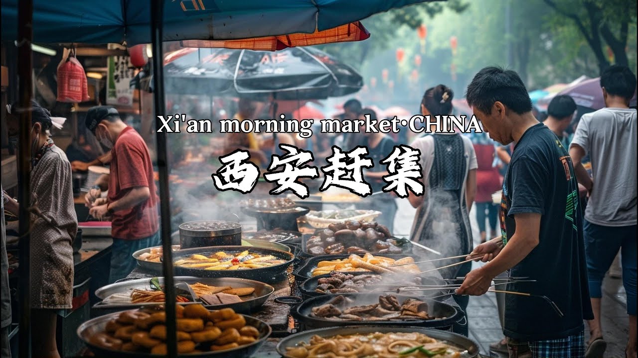 中国西安大集市，大雨之下，人潮涌动，热闹非凡，街头美食大比拼，烂牛肉非常香，超大葱花饼众人抢，20斤重的巨大千层豆干像滚木一样堆起卖，15元一大碗的牛肉煮馍吃不完/Xi‘an Market/4K