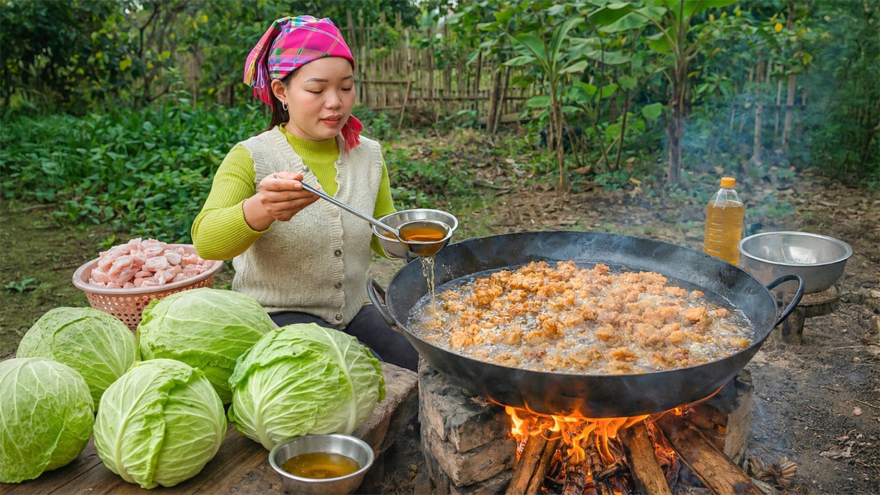 Making Cooking Oil from Pork Fat — From Morning to Night | Primitive Cooking Recipe | Simple Life