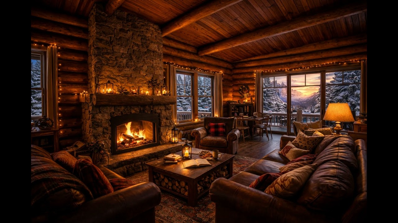 Fireside Mountain Cabin 🔥 Cozy Log Home Ambience | Winter Sunset & Fireplace (5 Hours, 4K)