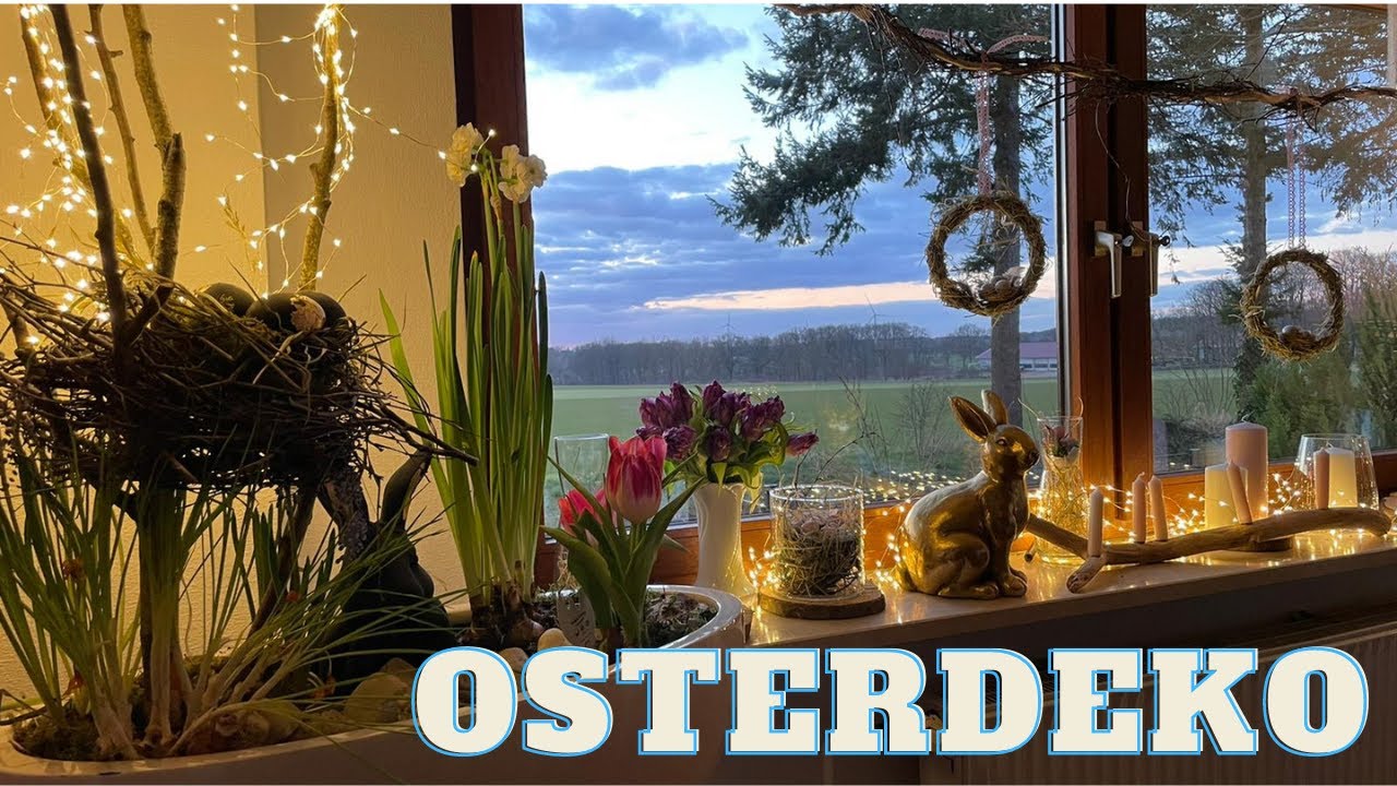 Osterdeko mit Glas & Kerzen | DIY Fensterdeko Idee mit Heu & Birkenreisig