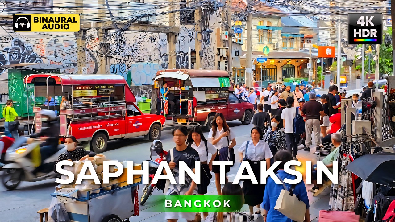 Bangkok Bangrak Area 🇹🇭 Saphan Taksin & Sathorn Pier | 4K HDR &bull; Binaural Audio 🎧