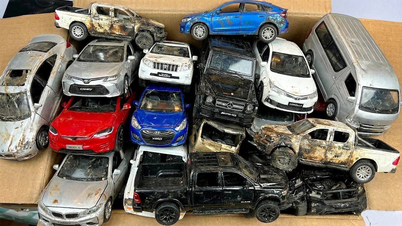 Box Full of Crashed Diecast Cars - Toyotas, Tesla, Mercedes, Honda, Ford, Hiace, Yaris, Corolla