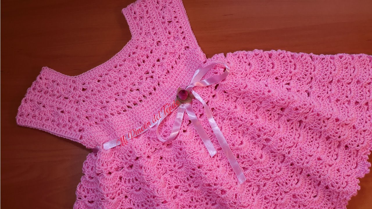 Vestido Bebe Crochet Rosado Tutorial Facil Paso a Paso - Free Baby Crochet Dress (Parte 1 de 2)