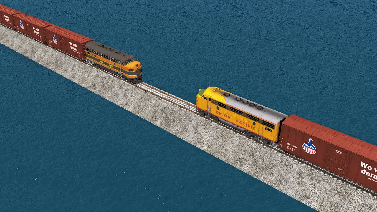 Train Vs Train Impossible Single Rail Crossing Deepwater- BeamNG.Drive