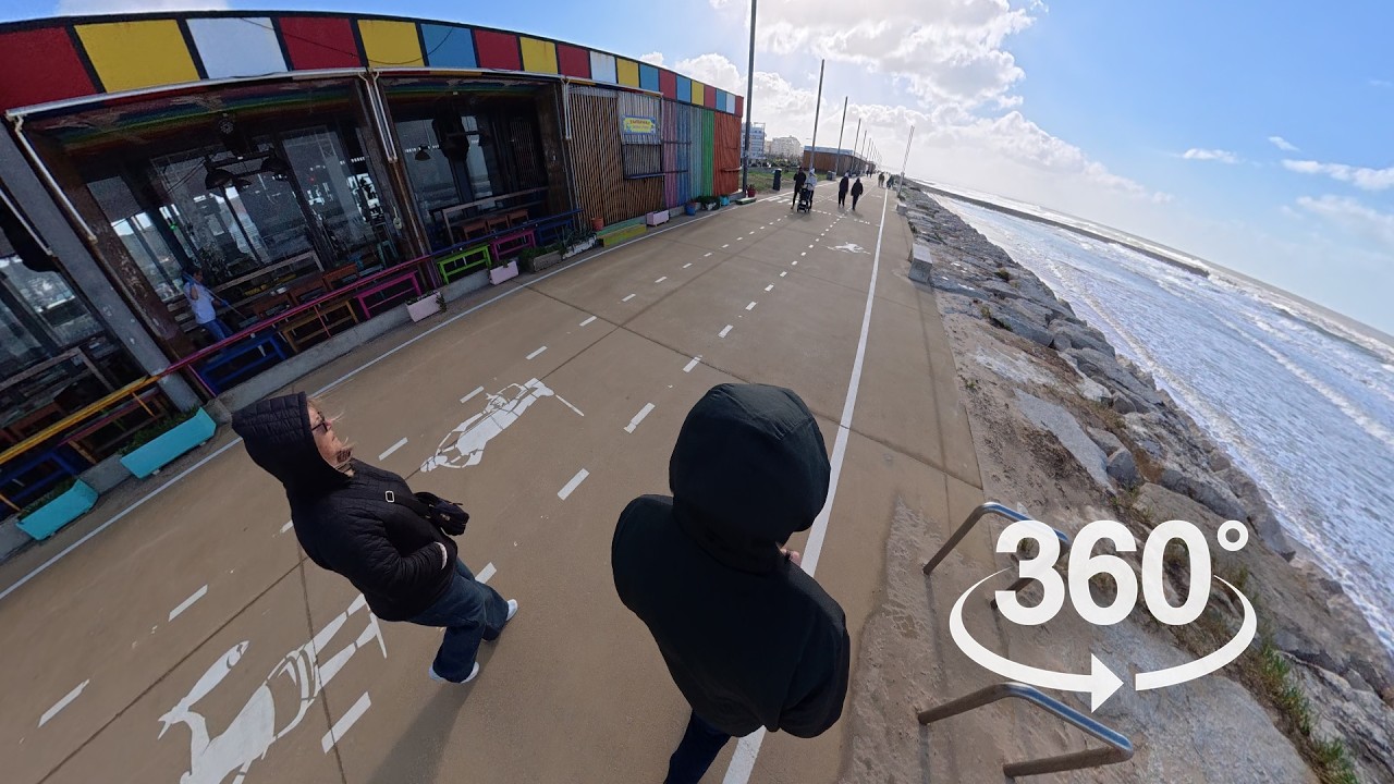 Passeio no paredão da Costa da Caparica no inverno após tempestades | Vídeo 360° | VR / 4K