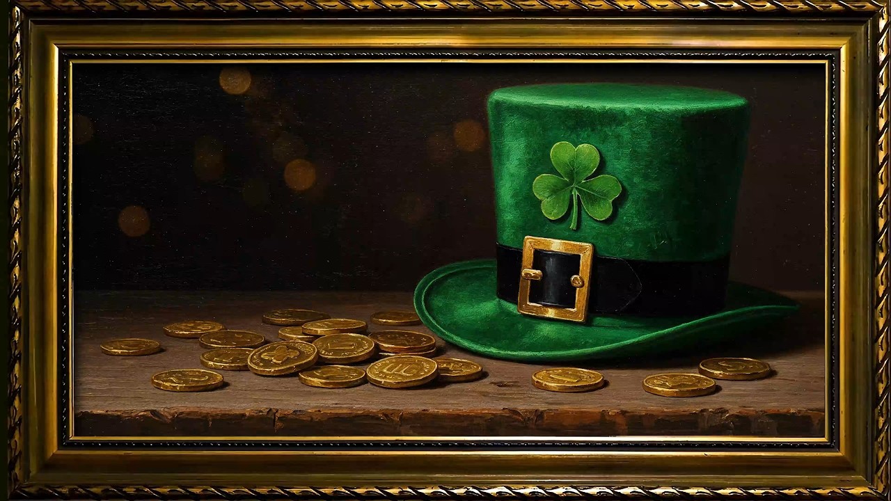 Lucky Shamrock Hat | Irish Gold Coins Still Life | 4K Art Display