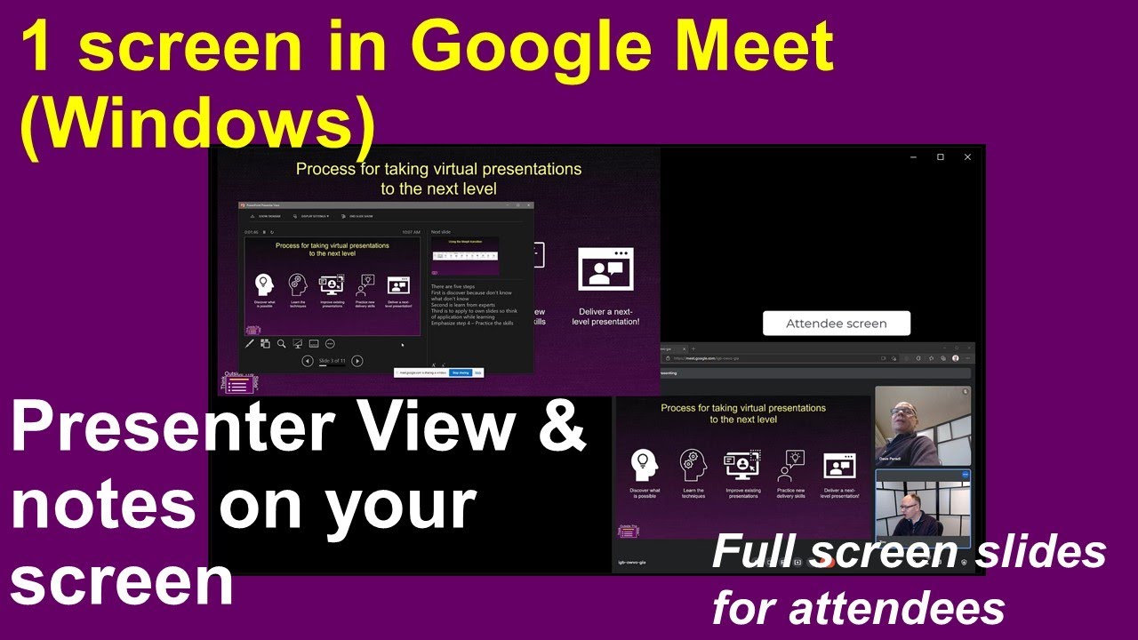 1 экран в Meet для Windows: вы видите заметки в режиме докладчика; аудитория видит полноэкранные ...