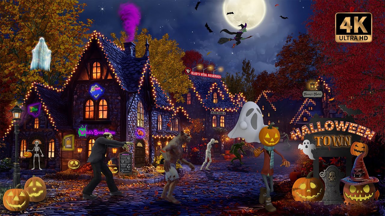 Halloween Town Ambience with Spooky Music, Ghosts, Monsters & Falling Leaves | 4K 🎃👻🍂