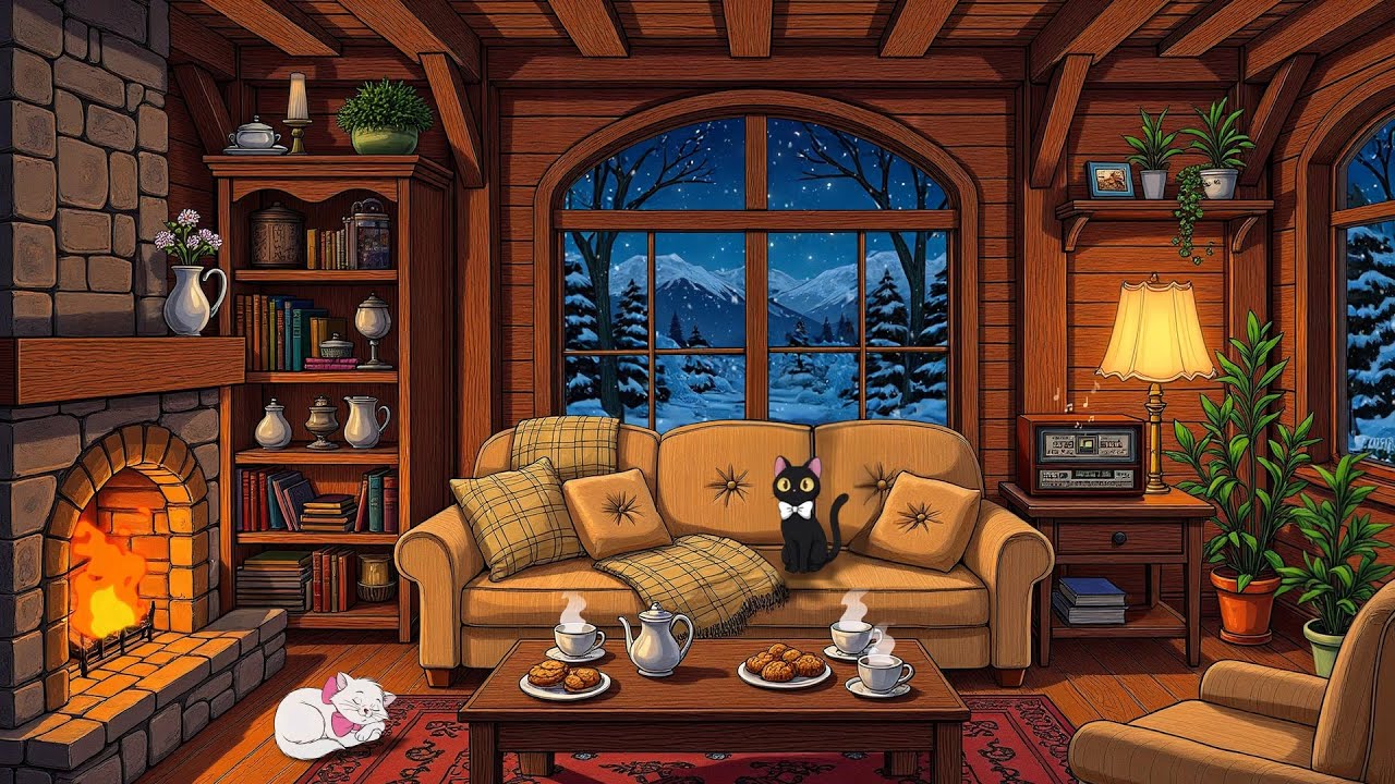 1930's cozy night living room with snow outside fireplace and oldies playing in another room