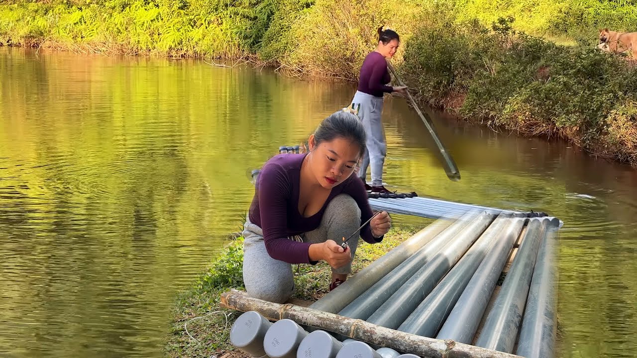 199 Hours: Build a Raft from Pipes to Cross the River and Catch Fish – Solo Survival