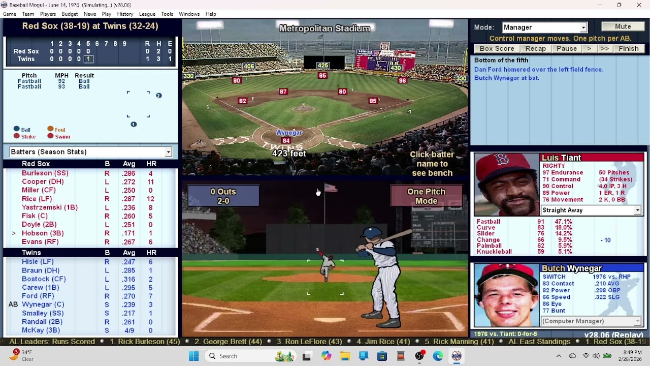 Baseball Mogul 6-14-76 Boston at Minnesota